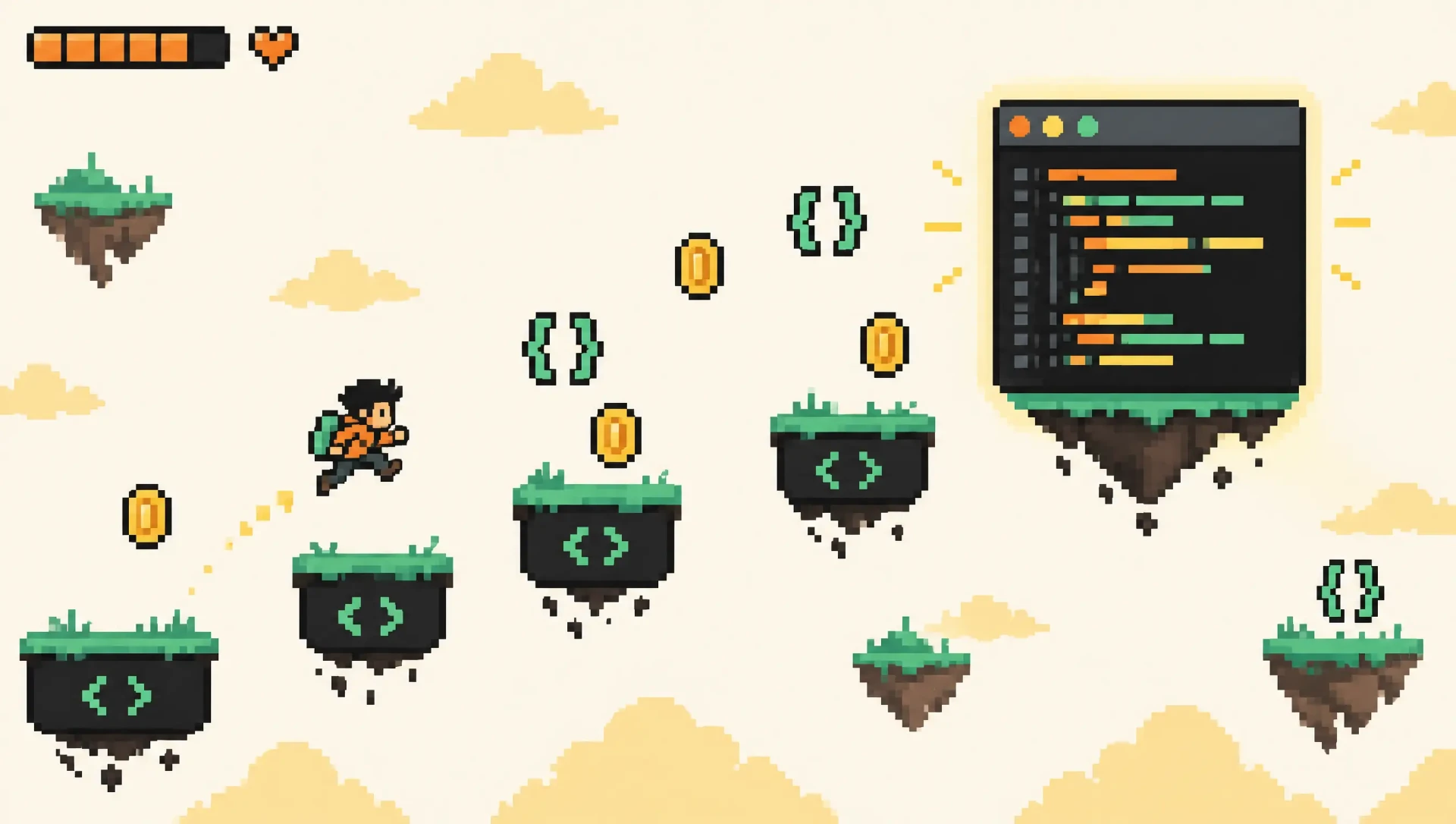 Pixel-art game level: a small coder jumps across code-block platforms toward a giant code editor window